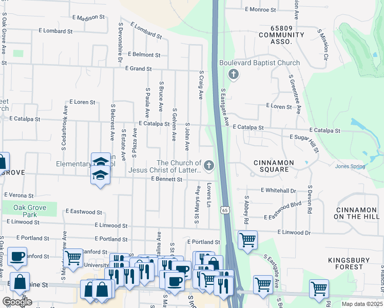 map of restaurants, bars, coffee shops, grocery stores, and more near 1304 South John Avenue in Springfield