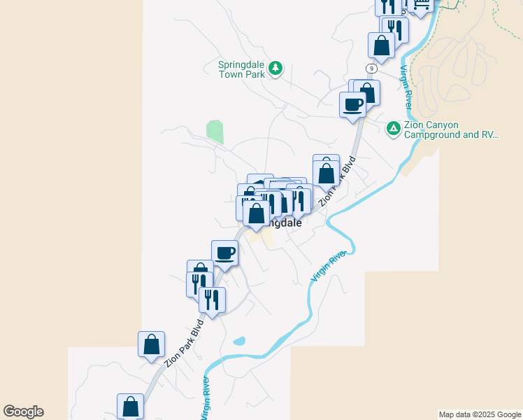map of restaurants, bars, coffee shops, grocery stores, and more near 898 Zion Park Boulevard in Springdale