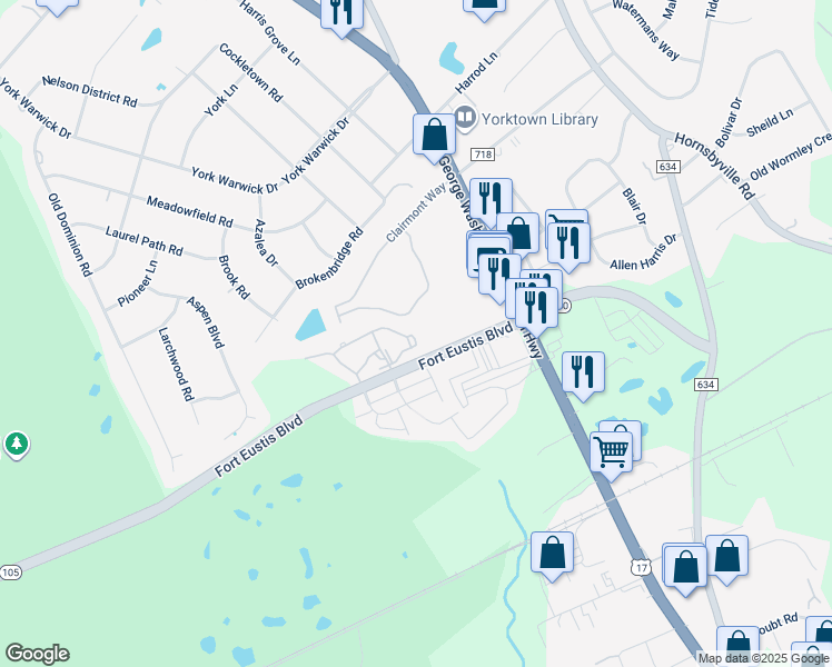 map of restaurants, bars, coffee shops, grocery stores, and more near 1001 Bridge Crossing in Yorktown