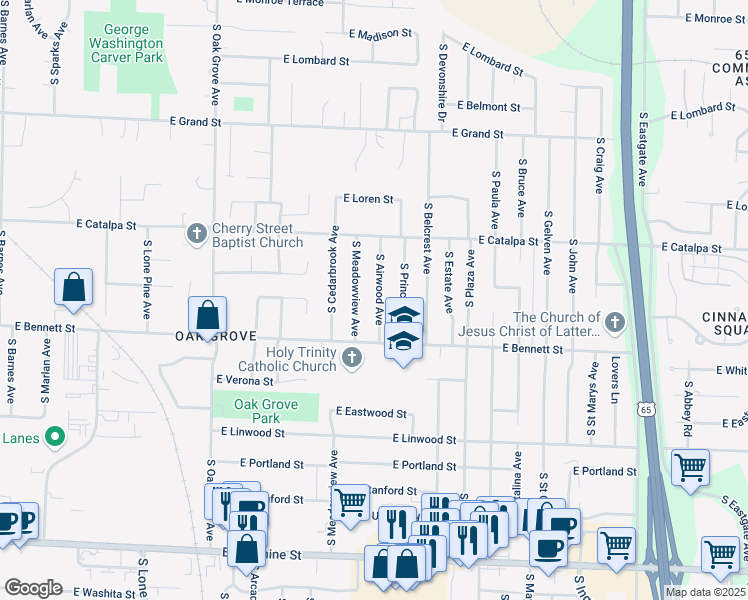 map of restaurants, bars, coffee shops, grocery stores, and more near 1311 South Airwood Avenue in Springfield