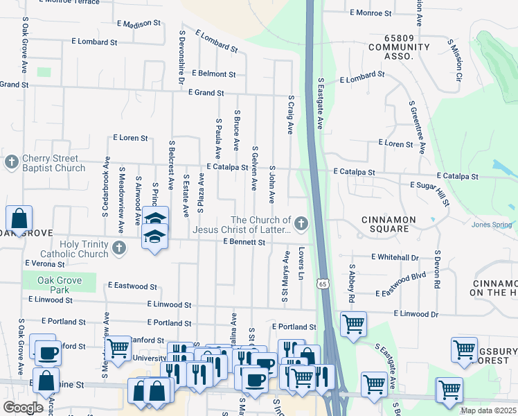 map of restaurants, bars, coffee shops, grocery stores, and more near 1304 South Gelven Avenue in Springfield