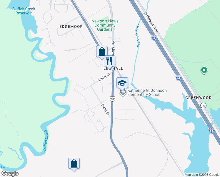 map of restaurants, bars, coffee shops, grocery stores, and more near 17359 Warwick Boulevard in Newport News