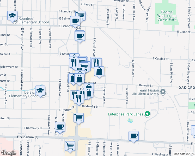 map of restaurants, bars, coffee shops, grocery stores, and more near 1925 East Bennett Street in Springfield