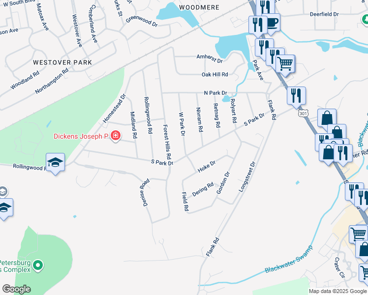 map of restaurants, bars, coffee shops, grocery stores, and more near 2962 West Park Drive in Petersburg