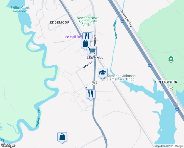 map of restaurants, bars, coffee shops, grocery stores, and more near 17359 Warwick Blvd in Newport News