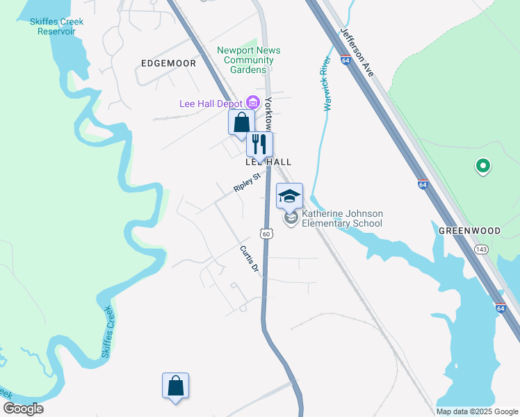 map of restaurants, bars, coffee shops, grocery stores, and more near 17359 Warwick Blvd in Newport News