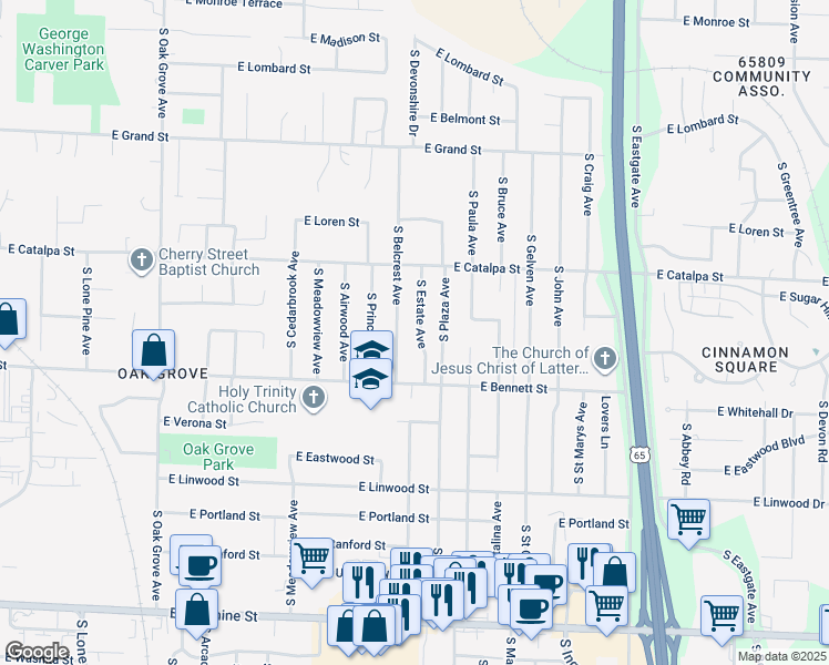 map of restaurants, bars, coffee shops, grocery stores, and more near 1309 South Estate Avenue in Springfield