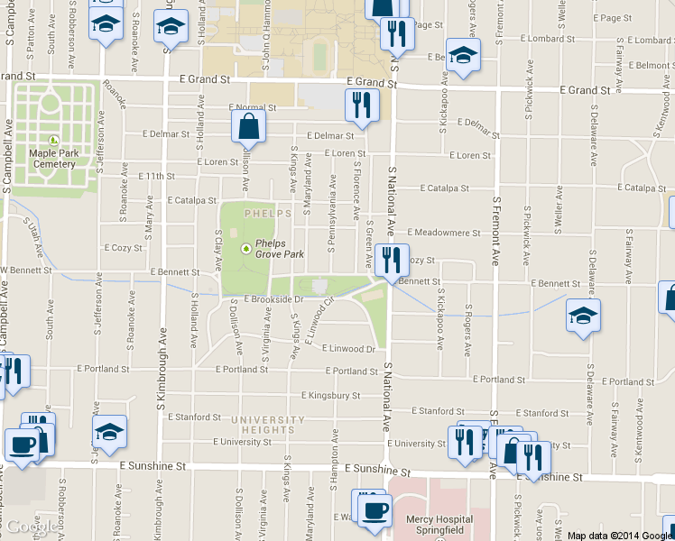 map of restaurants, bars, coffee shops, grocery stores, and more near 1101 East Bennett Street in Springfield