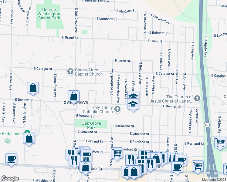 map of restaurants, bars, coffee shops, grocery stores, and more near 1310 South Cedarbrook Avenue in Springfield