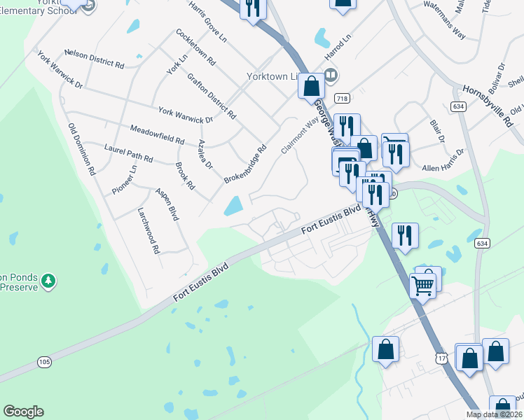 map of restaurants, bars, coffee shops, grocery stores, and more near 405 Bridge Crossing in Yorktown