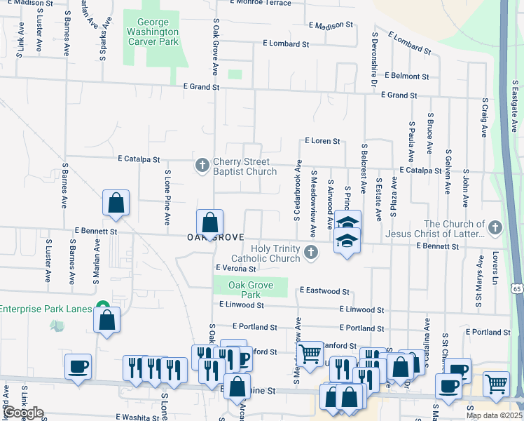 map of restaurants, bars, coffee shops, grocery stores, and more near 2722 East Cozy Street in Springfield