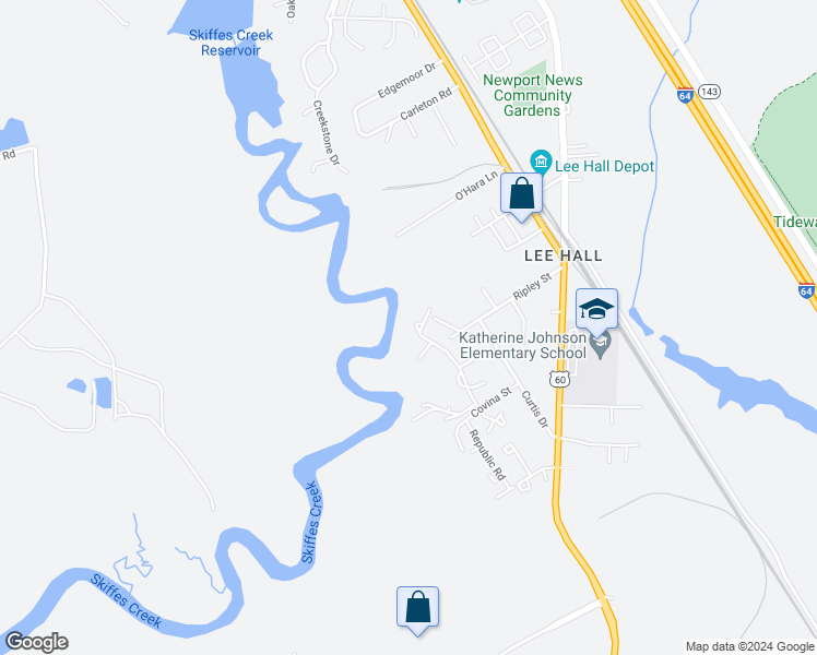 map of restaurants, bars, coffee shops, grocery stores, and more near 371 Bridgewater Drive in Newport News