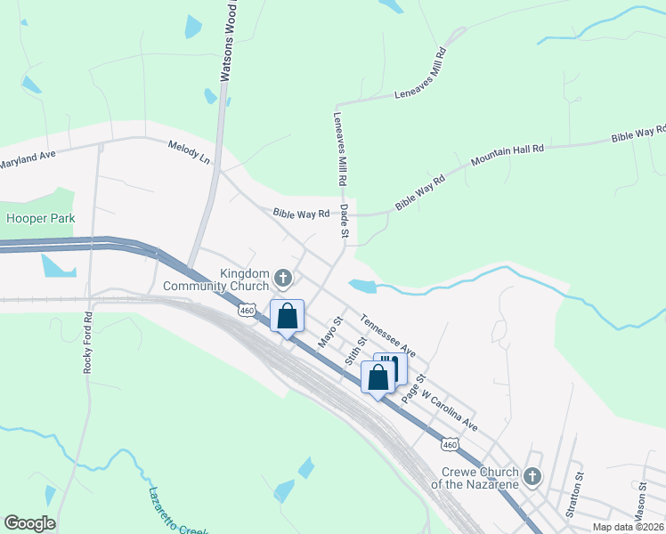 map of restaurants, bars, coffee shops, grocery stores, and more near 505 Dade Street in Crewe