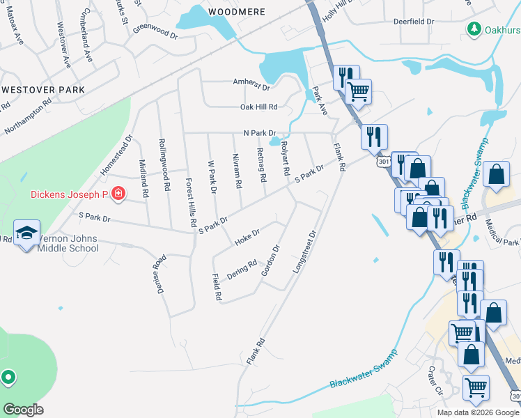 map of restaurants, bars, coffee shops, grocery stores, and more near 410 West Park Drive in Petersburg
