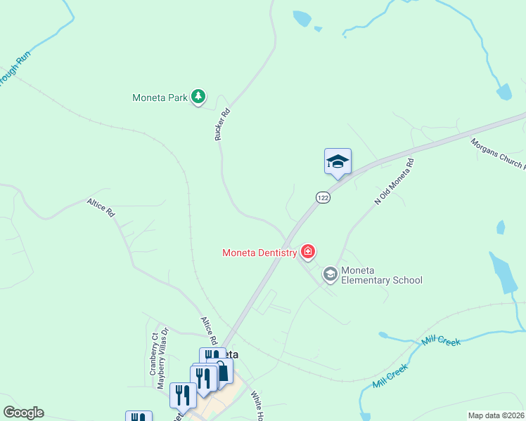 map of restaurants, bars, coffee shops, grocery stores, and more near 4654 Rucker Road in Moneta