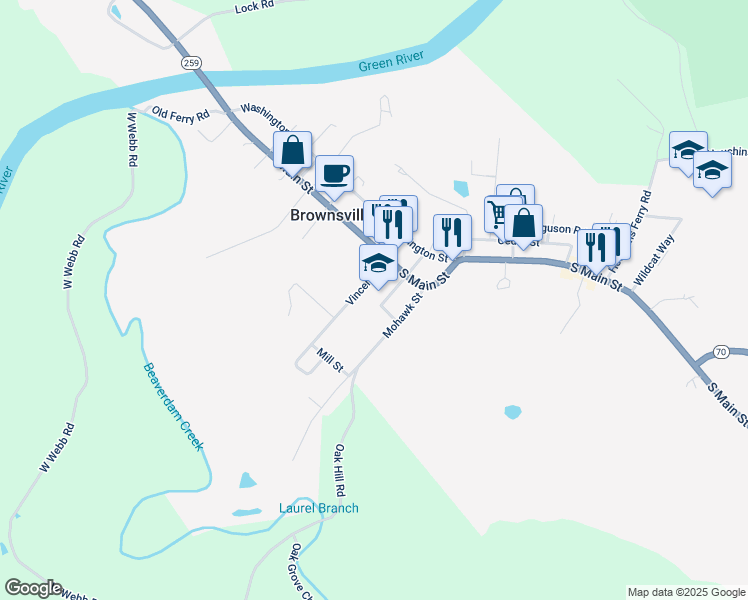 map of restaurants, bars, coffee shops, grocery stores, and more near 191 West Center Street in Brownsville
