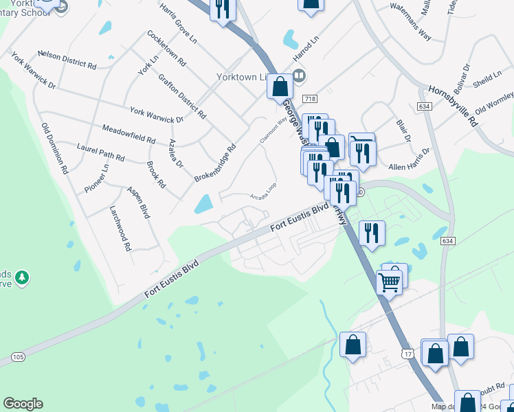 map of restaurants, bars, coffee shops, grocery stores, and more near 901 Bridge Crossing in Yorktown