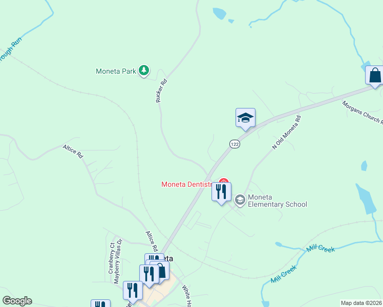 map of restaurants, bars, coffee shops, grocery stores, and more near 4654 Rucker Road in Moneta