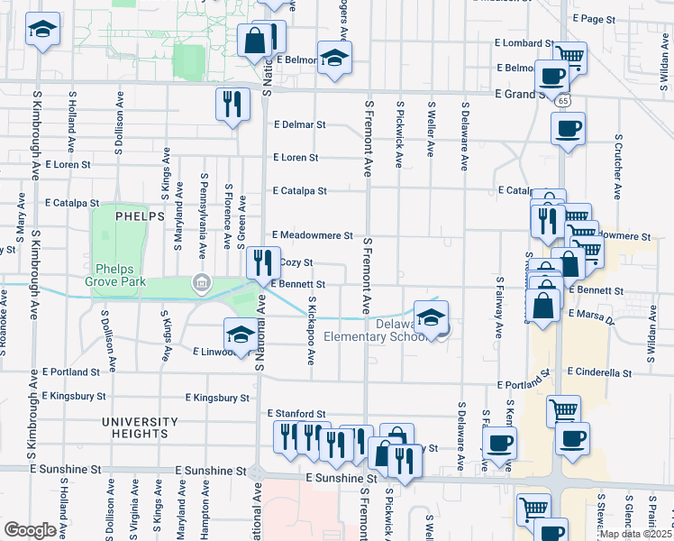 map of restaurants, bars, coffee shops, grocery stores, and more near 1321 East Bennett Street in Springfield