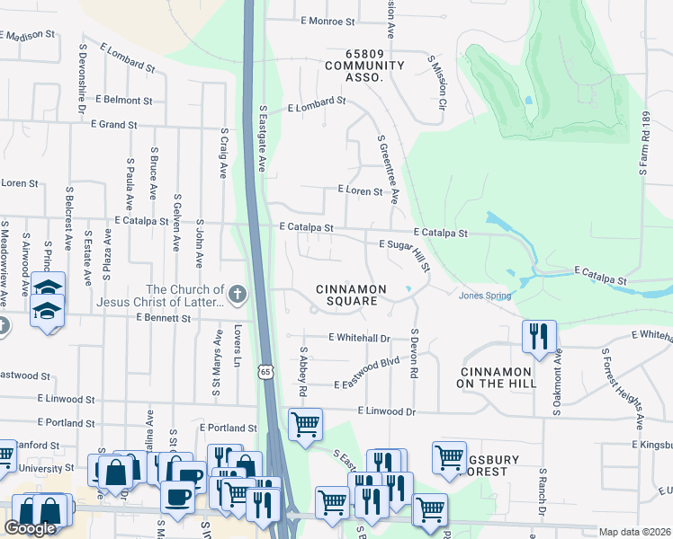 map of restaurants, bars, coffee shops, grocery stores, and more near 3538 East Cinnamon Place in Springfield
