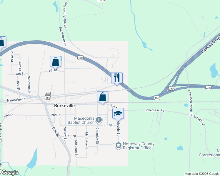 map of restaurants, bars, coffee shops, grocery stores, and more near 505 2nd Street in Burkeville