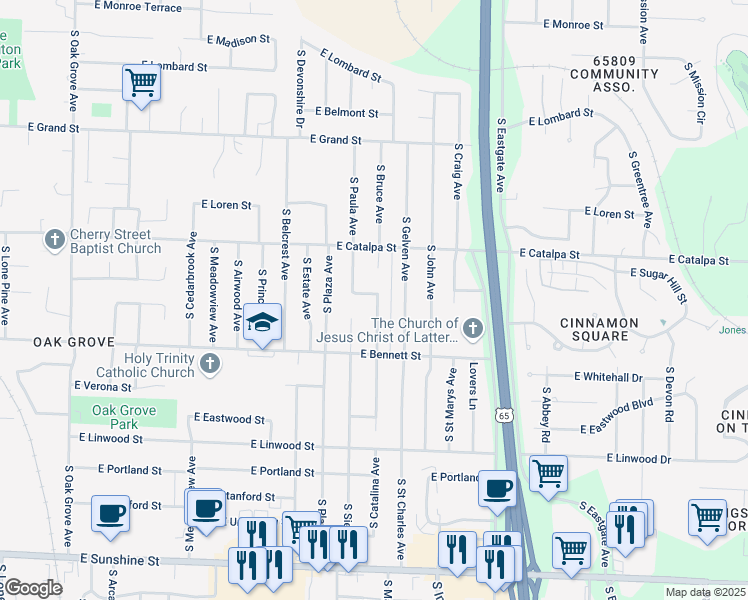 map of restaurants, bars, coffee shops, grocery stores, and more near 1301-1371 S Catilina Ave in Springfield