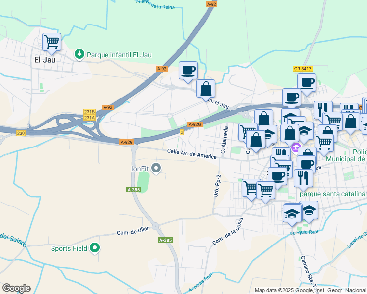 map of restaurants, bars, coffee shops, grocery stores, and more near 20 Calle Avenida de América in Santa Fe
