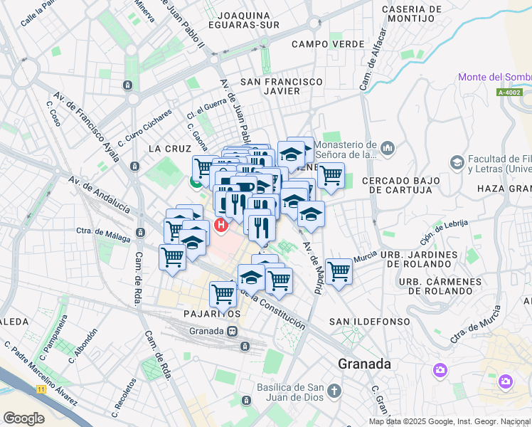 map of restaurants, bars, coffee shops, grocery stores, and more near 4 Calle Doctor Marañón in Granada