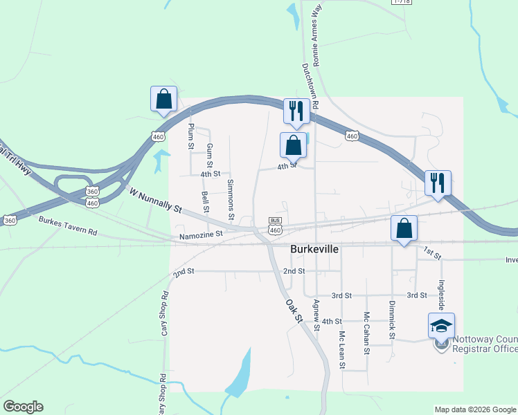 map of restaurants, bars, coffee shops, grocery stores, and more near 211 Harris Spring Road in Burkeville