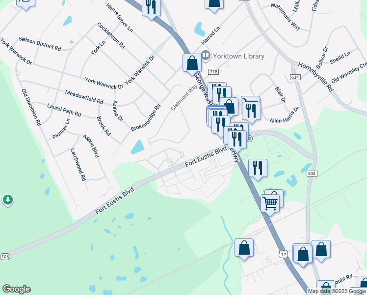 map of restaurants, bars, coffee shops, grocery stores, and more near 901 Bridge Crossing in Yorktown