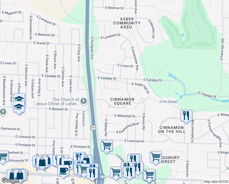 map of restaurants, bars, coffee shops, grocery stores, and more near 3538 East Cinnamon Place in Springfield