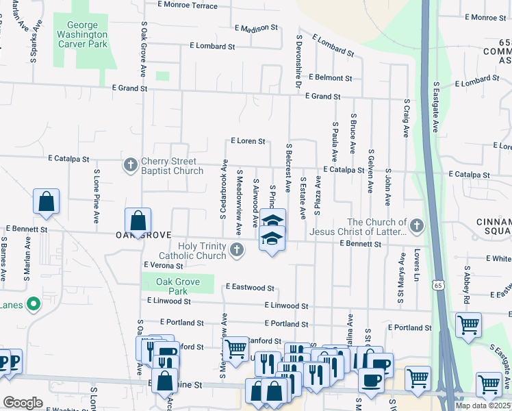 map of restaurants, bars, coffee shops, grocery stores, and more near 1311 South Airwood Avenue in Springfield
