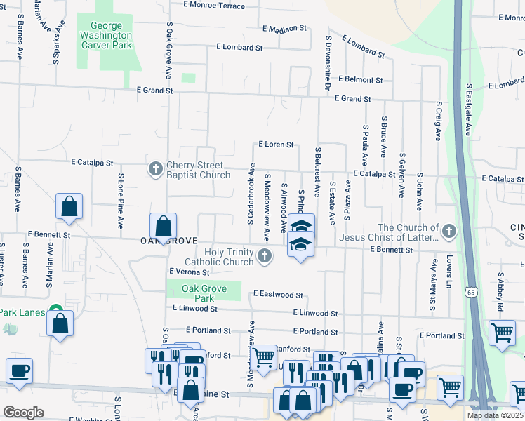 map of restaurants, bars, coffee shops, grocery stores, and more near 1310 South Cedarbrook Avenue in Springfield