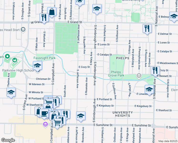 map of restaurants, bars, coffee shops, grocery stores, and more near 520 East Bennett Street in Springfield