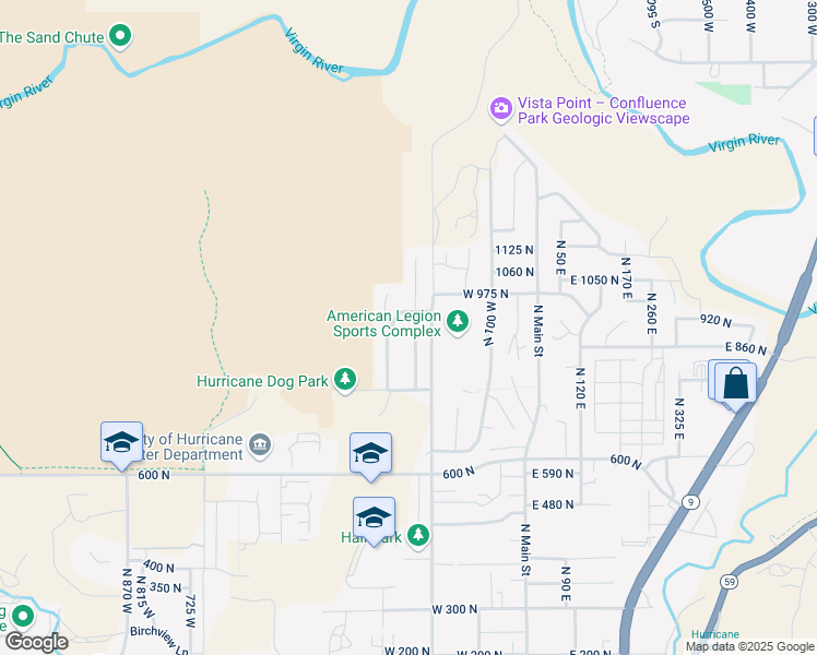 map of restaurants, bars, coffee shops, grocery stores, and more near 947 North 225 West in Hurricane