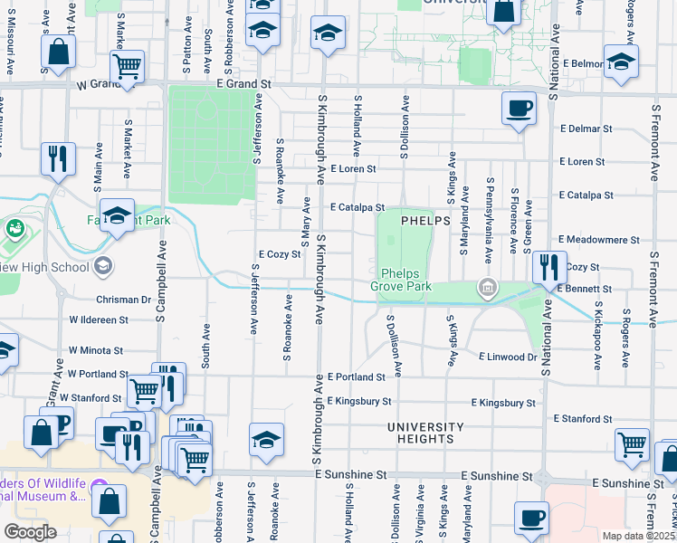 map of restaurants, bars, coffee shops, grocery stores, and more near 600 East Bennett Street in Springfield