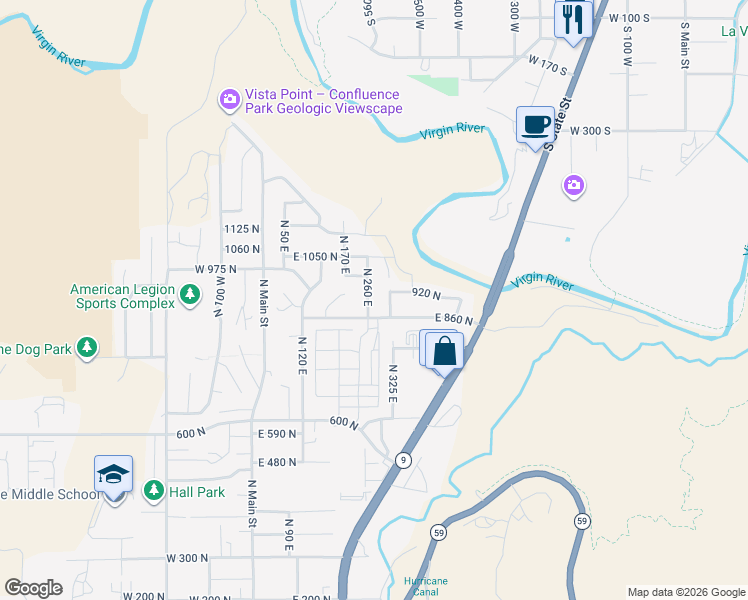 map of restaurants, bars, coffee shops, grocery stores, and more near 930 North 260 East in Hurricane