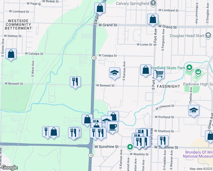 map of restaurants, bars, coffee shops, grocery stores, and more near 1712 West Bennett Street in Springfield