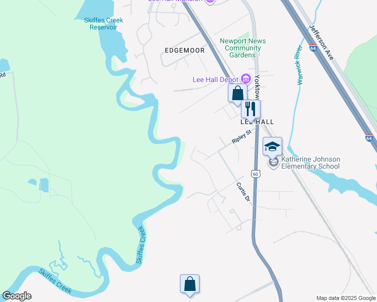 map of restaurants, bars, coffee shops, grocery stores, and more near 379 Bridgewater Drive in Newport News
