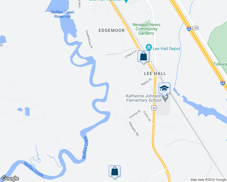 map of restaurants, bars, coffee shops, grocery stores, and more near 379 Bridgewater Drive in Newport News