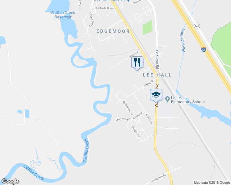 map of restaurants, bars, coffee shops, grocery stores, and more near 381 Bridgewater Drive in Newport News