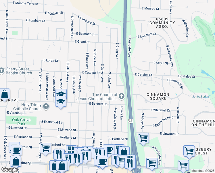 map of restaurants, bars, coffee shops, grocery stores, and more near 1304 South Gelven Avenue in Springfield