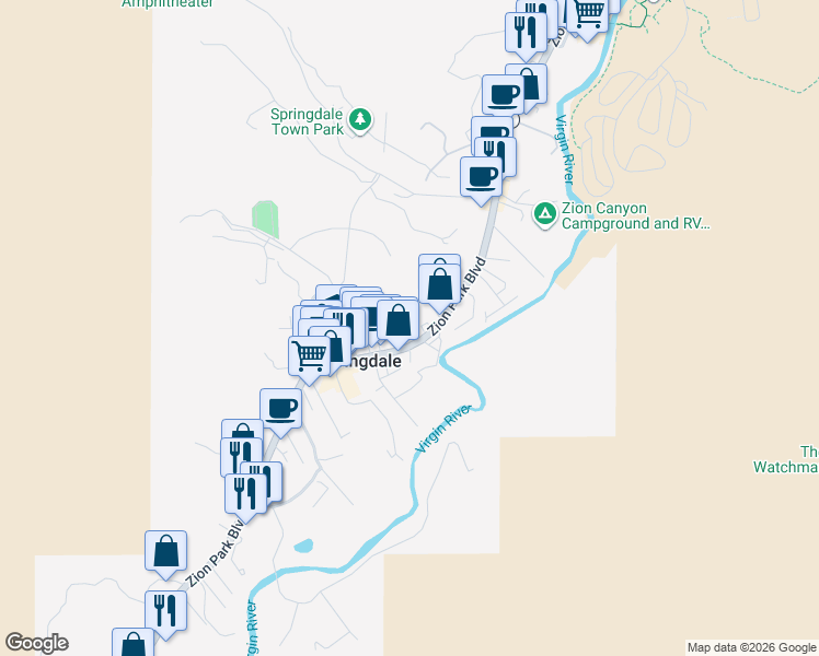 map of restaurants, bars, coffee shops, grocery stores, and more near 792 Zion – Mount Carmel Highway in Springdale