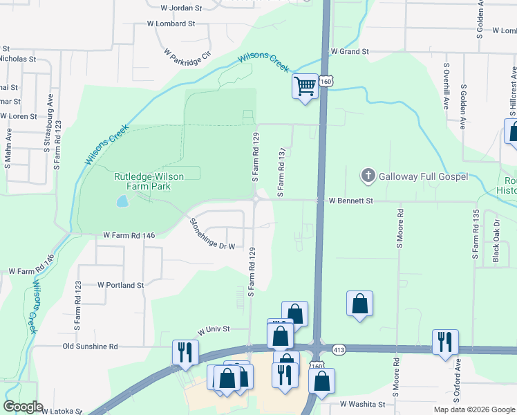 map of restaurants, bars, coffee shops, grocery stores, and more near 1402 South Farm Road 129 in Springfield