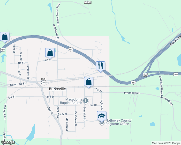 map of restaurants, bars, coffee shops, grocery stores, and more near 505 2nd Street in Burkeville