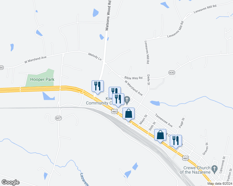 map of restaurants, bars, coffee shops, grocery stores, and more near Crewe Village Apartment in Crewe