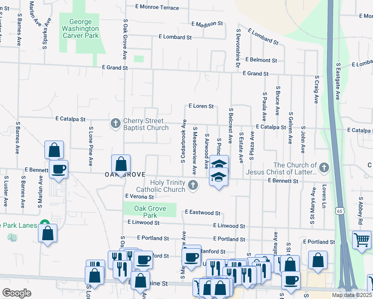 map of restaurants, bars, coffee shops, grocery stores, and more near 1310 South Cedarbrook Avenue in Springfield
