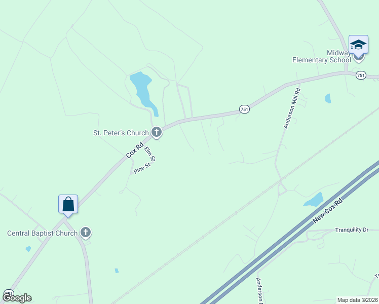 map of restaurants, bars, coffee shops, grocery stores, and more near 15803 Cox Road in Church Road