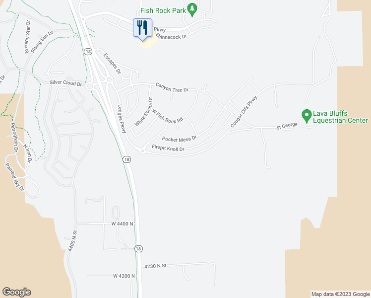 map of restaurants, bars, coffee shops, grocery stores, and more near Firepit Knoll Drive in St. George