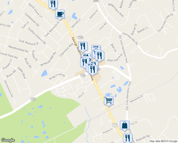 map of restaurants, bars, coffee shops, grocery stores, and more near 8117 George Washington Memorial Highway in Yorktown